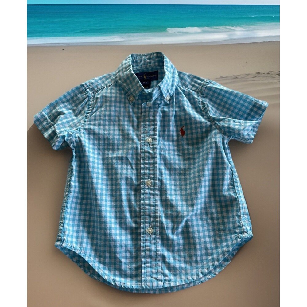 Ralph Lauren Button Down Check Shirt SS Turquoise White Orange Pony Boys 2/2T